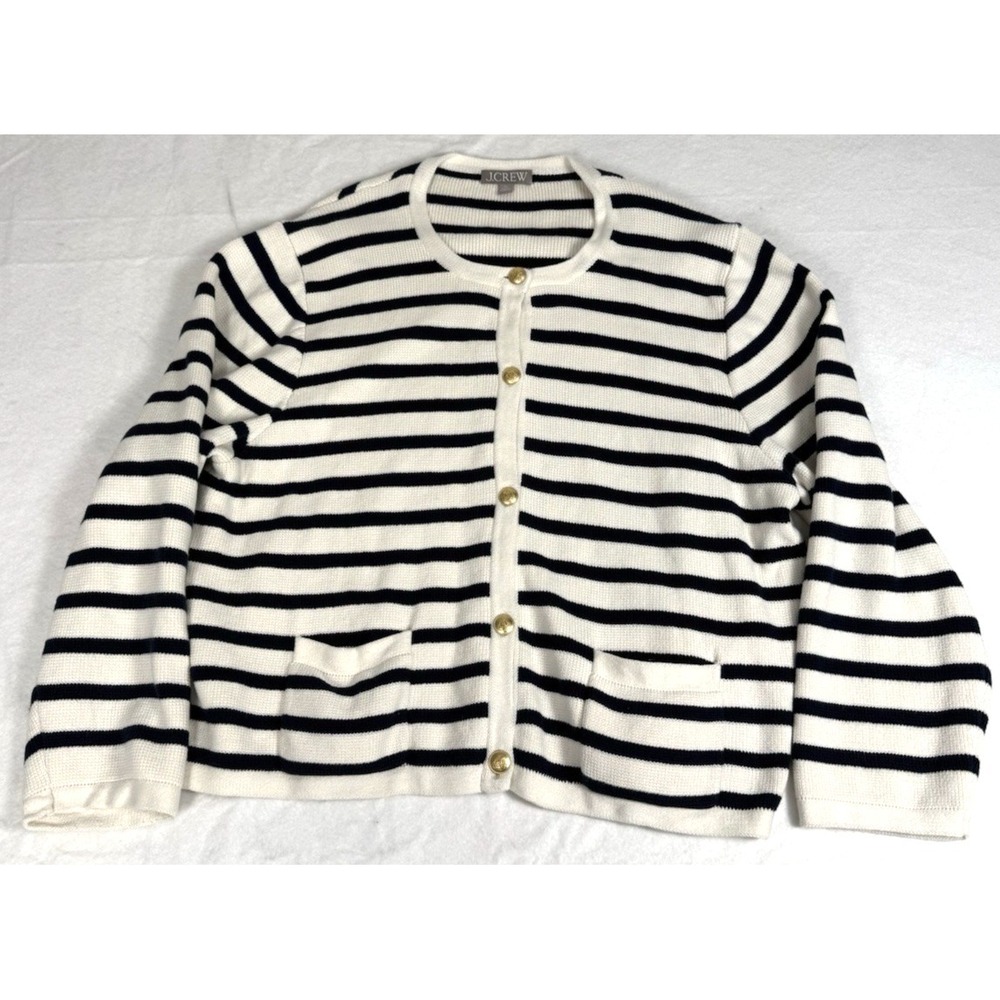 J.Crew Ivory Navy Stripe Cardigan Jacket Gold Buttons Preppy BQ196 Women 2X